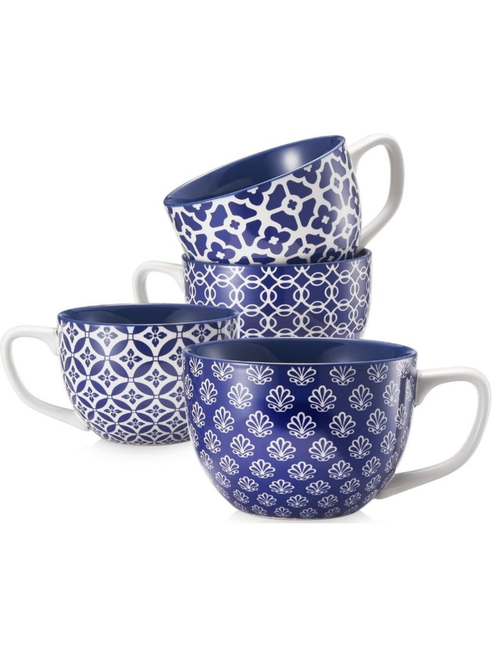 Set of 4 Jumbo Ceramic Coffee Mugs, 24 oz Large Soup Cups, Vintage Blue Gift